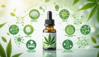 Conceptual illustration depicting CBD oil surrounded by icons for its various health benefits, including neurological health, mood improvement, sleep quality, pain relief, and natural origin, with a scientific background.