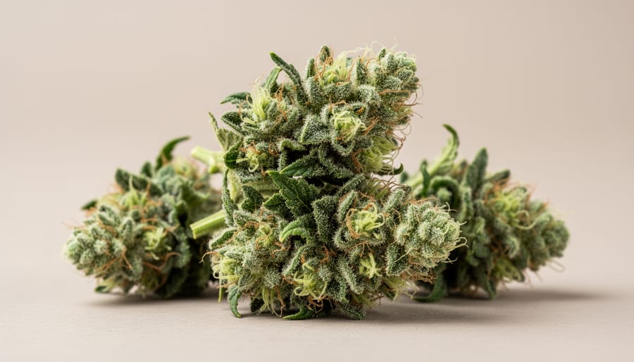 Close-up of hemp buds in a glass jar on a clean lab bench.