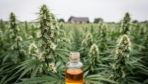 Hemp plant field with green stalks and white blossoms alongside a small amber CBD oil dropper bottle in the foreground.