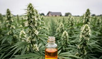 Hemp plant field with green stalks and white blossoms alongside a small amber CBD oil dropper bottle in the foreground.