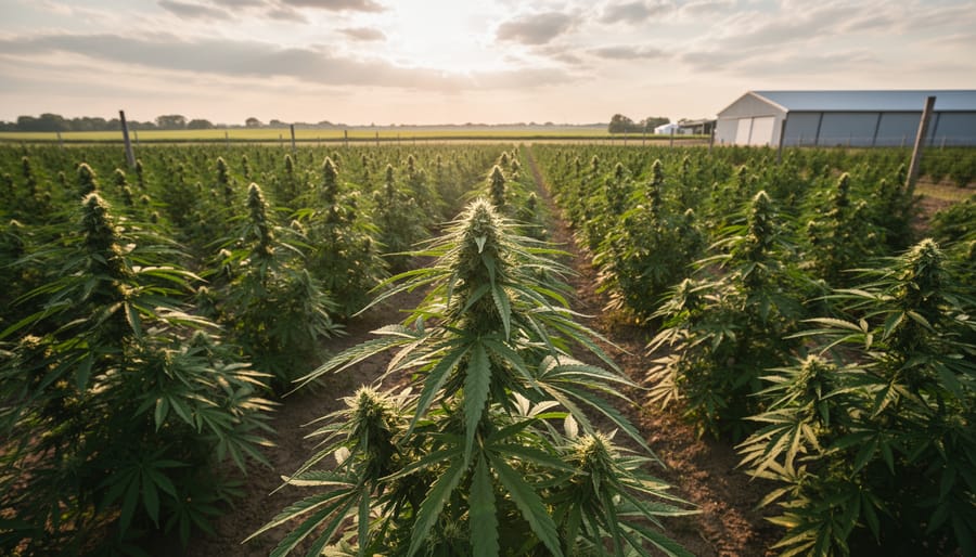 Hemp plants growing in orderly rows in a sunlit field.