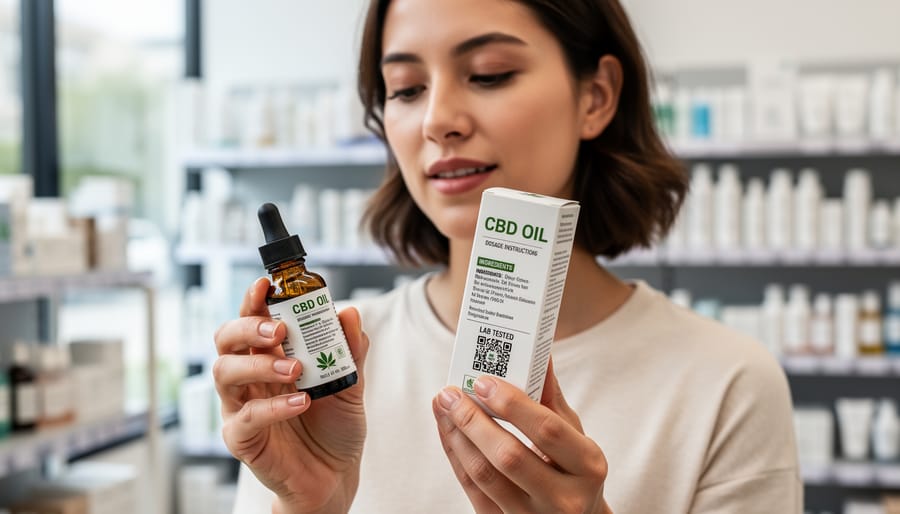 Person holding a hemp-derived CBD oil bottle while looking at product packaging in a store.
